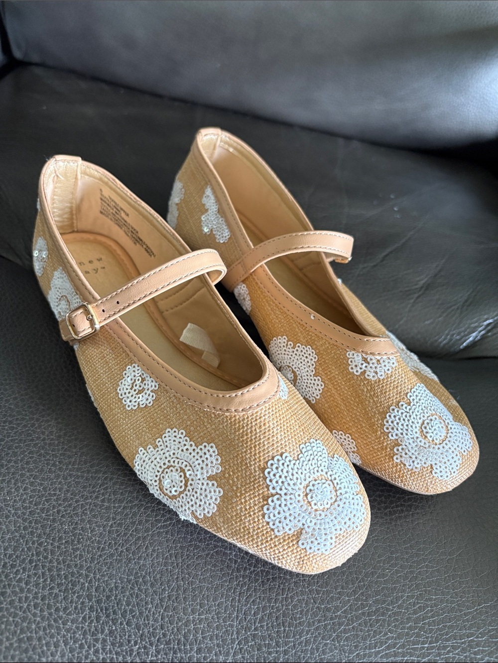 a new day Tan Mary Jane Flats with White Sequin Flower Accents